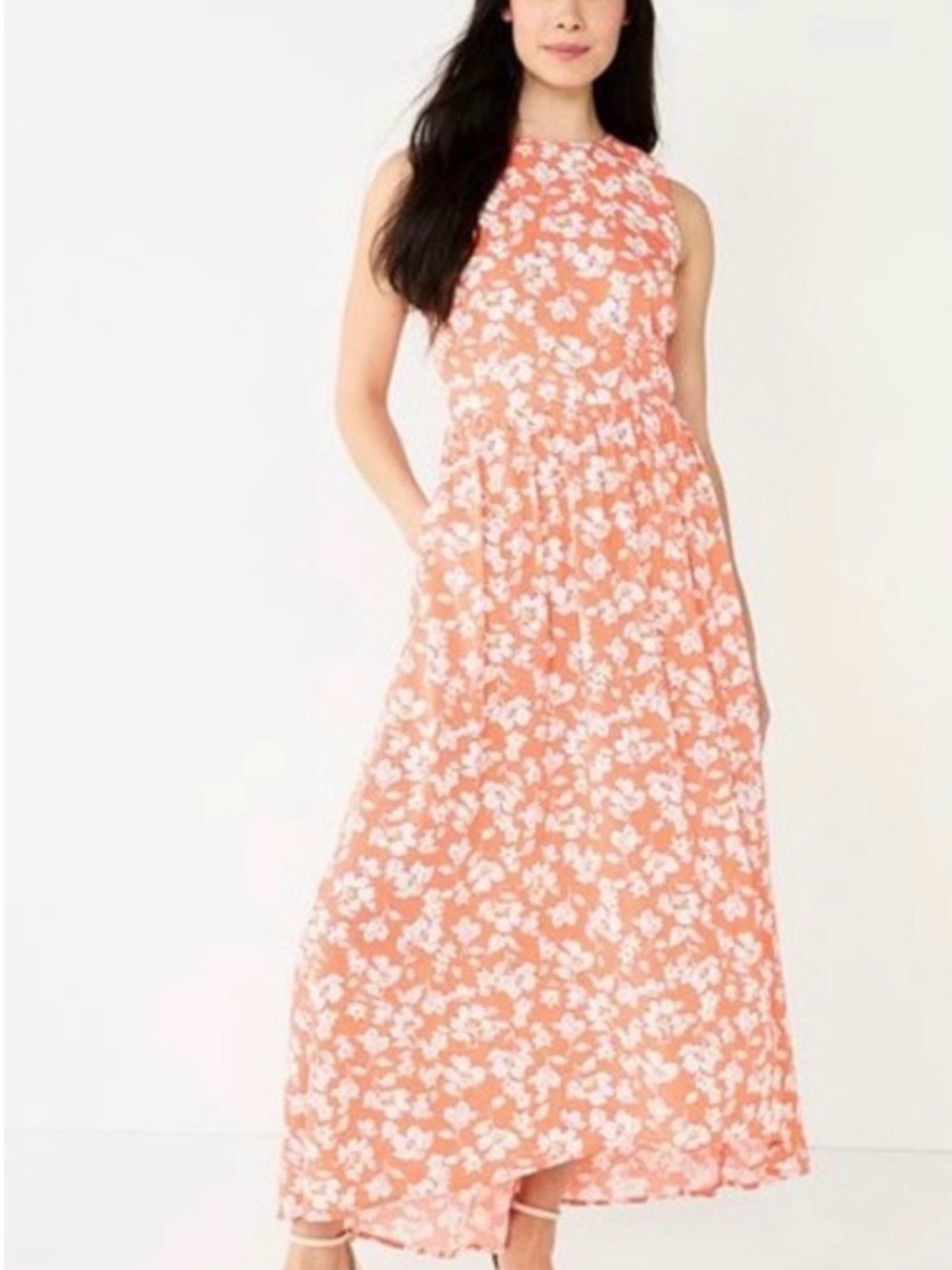 Draper James Coral and White Floral Sleeveless Hi-Low Maxi Dress